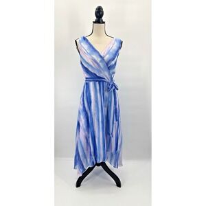 DKNY Faux Wrap Dress 12 Tie Asymmetrical Watercolor Mermaid Ocean Beach Resort